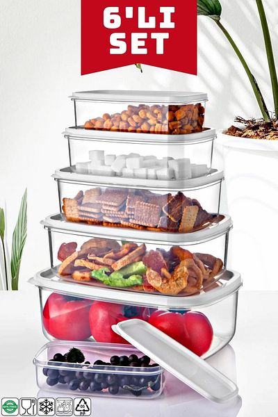 Open Home Concept Set of 6 Rectangular White Storage Containers 300 ml-500 ml 800 ml 1200 ml 1900 ml 2900 ml