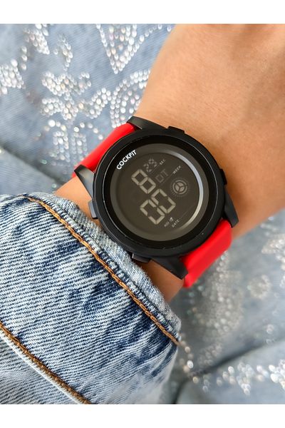Cockpit Brand: Suitable for Marine Use, Illuminated, with Stopwatch, Red Digital Women's Wristwatch + Bracelet
