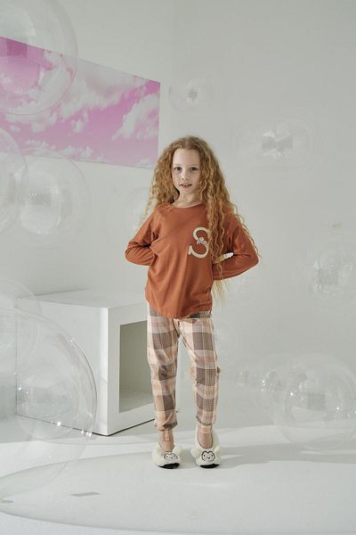 Sevim Brick Colored Girl's Long Sleeve Pajamas Set - C8T5N6O5
