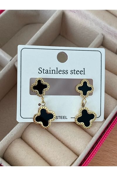 JELLY Women's Steel Gold Color Black Enamel Clover Model Earrings