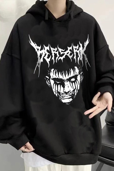 Freak Tshirt Black Color Berserk Printed Wide Cut Hooded Fleece Inside Anime-...