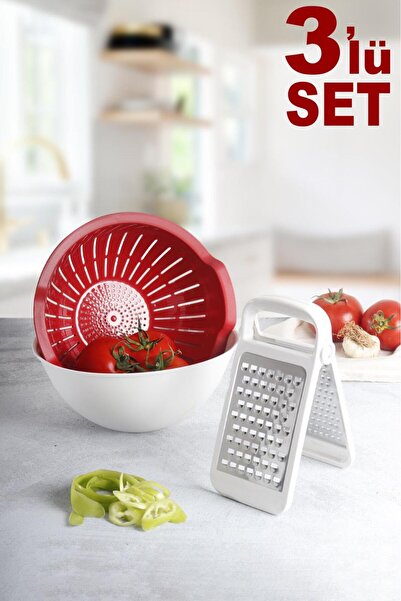 HOMENIVA Handy Kırmızı 3 Parça Yemek Hazırlık Seti – Kaseli Süzgeç Katlanır R...