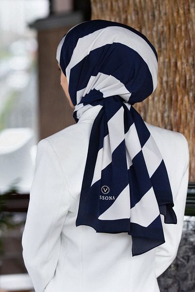 Vissona Γυναικείο Luxury Medina Silk Shawl Navy Blue - Cream