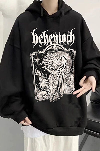 Freak Tshirt هودي للجنسين بطبعة بيهيموث باللون الأسود وقصة واسعة مع غطاء للرأ...