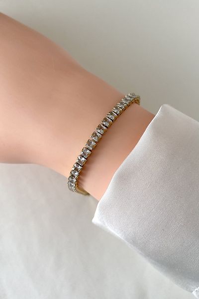 SilverStone Steel Bracelet - Waterway Baguette Stone Gold Color 316 L Steel Bracelet