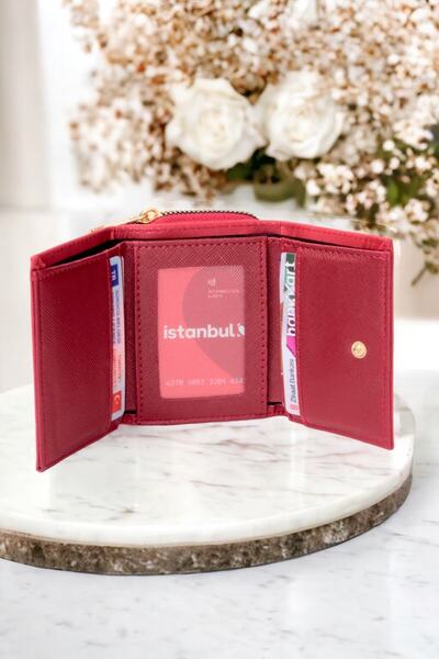 dericom Women's Stylish Red Wallet Card Holder Accessory with Zipper and Snap Fasten Coin Compartment