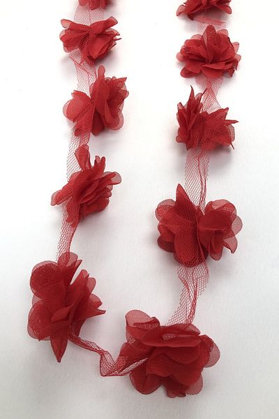 Hobigram Decorative Ribbon Red Color Laser Cut Tulle Flower – Decorative Ribbon, Stylish Design, Women's Accessory
