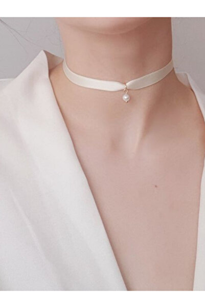 SHİNELİZE zarif kurdele kolye, bağlamalı kurdele, krem rengi incili bağlamalı...