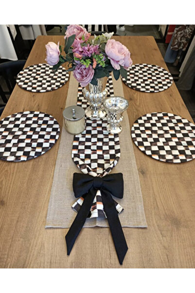 Dekorluk Concept Jüt Kumaşa Damalı Fiyonklu Runner Ve 4 Adet Damalı Supla Takımı