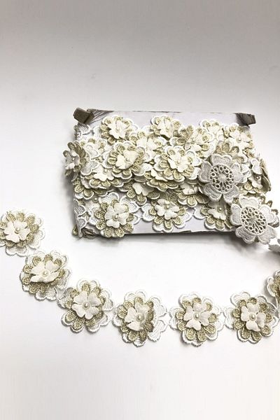Hobigram Decorative Ribbon Gold White 3D Floral Pearl Ribbon – Decorative Ribbon, Stylish Design – Dekorati