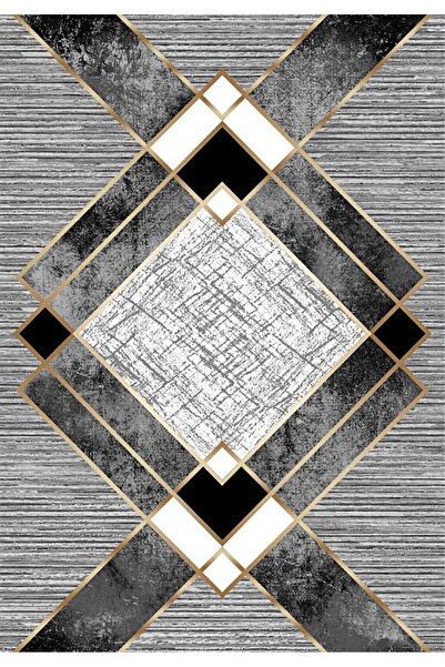 Mutlu Çeyiz Geometrik Desenli Süngerli Lastikli Kaymaz Siyah Gri - Gold Renk Yıkanabilir Halı Örtüsü MC68