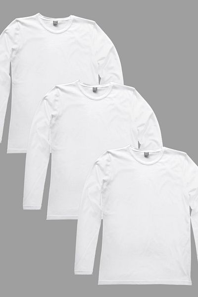 ROCKANDROLL Tricou alb uni cu mânecă lungă pentru bărbați, 3 piese Eco Pack