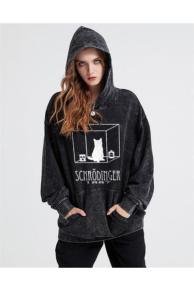 Touz Cat In Cube Printed Washed Vintage Unisex Oversize Hooded Sweatshirt