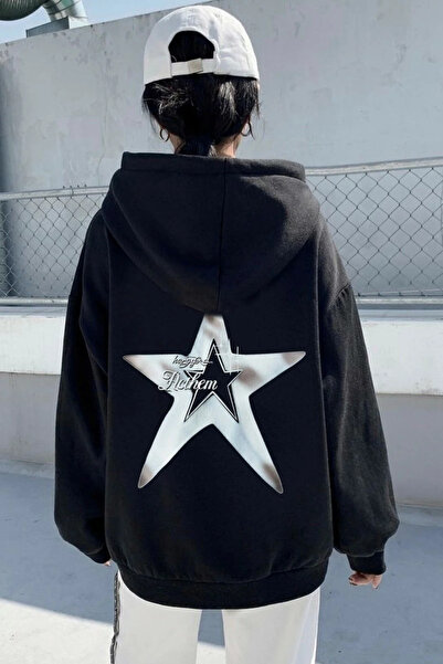 Gofeel Y2k Oversize Siyah Kapüşonlu Sırt Baskılı Acthem Yazılı Yıldız Sweatsh...