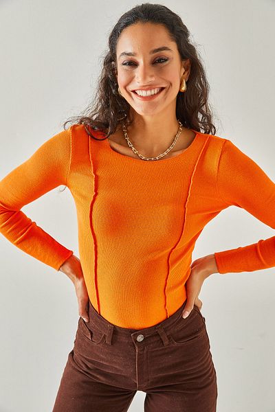 Olalook Γυναικεία πορτοκαλί ραφές με λεπτομερή Crop Lycra μπλούζα BLZ-19002161