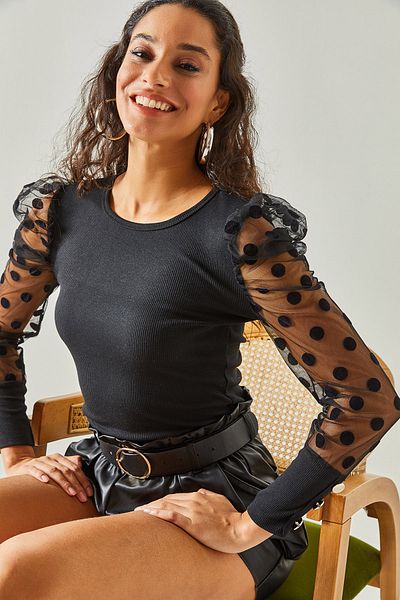 Olalook Women's Black Sleeve Tulle Cuff Buttoned Lycra Blouse BLZ-19002402