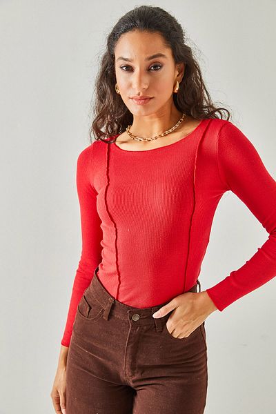 Olalook Damen-Bluse aus Lycra mit roten Nähten und detailliertem Schnitt, kurz geschnitten, BLZ-19002161