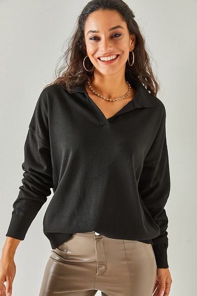 Olalook Pulover negru cu guler polo supradimensionat subțire pentru femei KZK-19000643