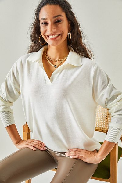 Olalook Women's Ecru Polo Collar Oversize Thin Knitwear Sweatshirt KZK-19000643