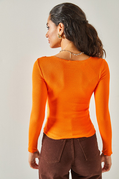 Olalook Women's Orange Stitching Detailed Crop Lycra Blouse BLZ-19002161