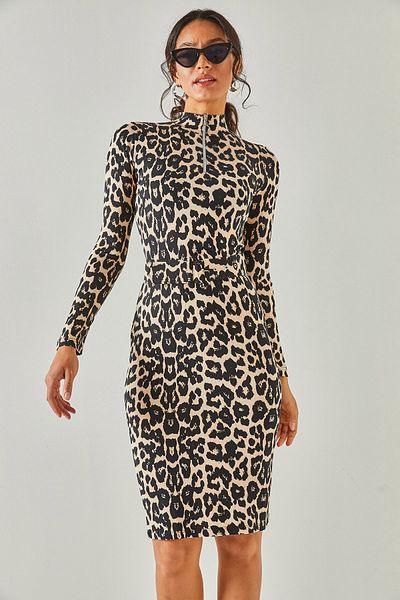 Olalook Rochie din viscoză tricotată cu curea, cu fermoar, leopard, bej, ELB-19001970