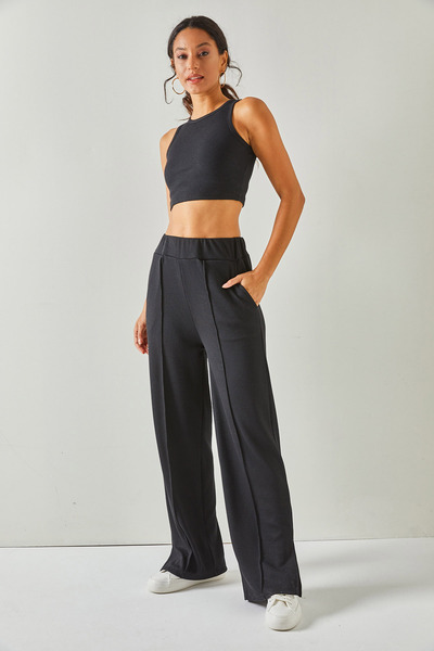 Olalook Women's Black Elastic Waist, Pocket, Leg Slit, Loose Trousers PNT-19000244