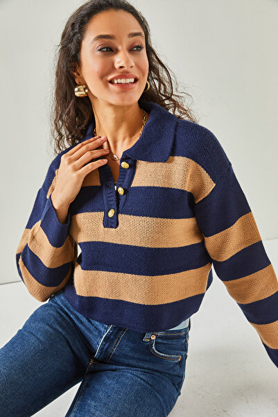 Olalook Дамски дебел плетен пуловер с бисквитена поло яка и копчета KZK-19000648