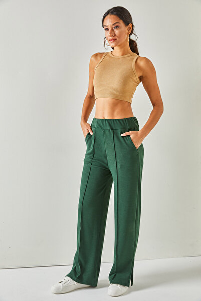 Olalook Kadın Zümrüt Yeşili Beli Lastikli Cepli Paça Yırtmaçlı Dökümlü Pantolon PNT-19000244