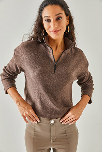 Olalook Kadın Acı Kahve Fermuarlı Dik Yaka Şardonlu Kazak KZK-19000640