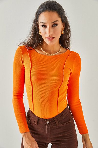 Olalook Γυναικεία πορτοκαλί ραφές με λεπτομερή Crop Lycra μπλούζα BLZ-19002161