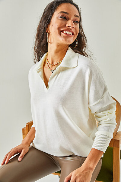 Olalook Women's Ecru Polo Collar Oversize Thin Knitwear Sweatshirt KZK-19000643