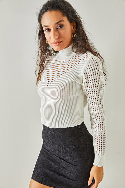 Olalook Women's White Robe Sleeve Openwork Half Fisherman Knitwear Sweater KZK-19000632