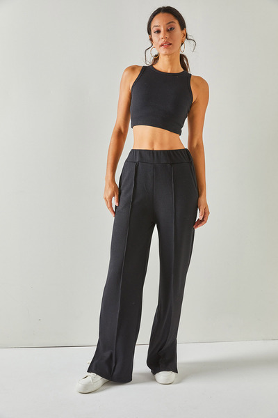 Olalook Women's Black Elastic Waist, Pocket, Leg Slit, Loose Trousers PNT-19000244