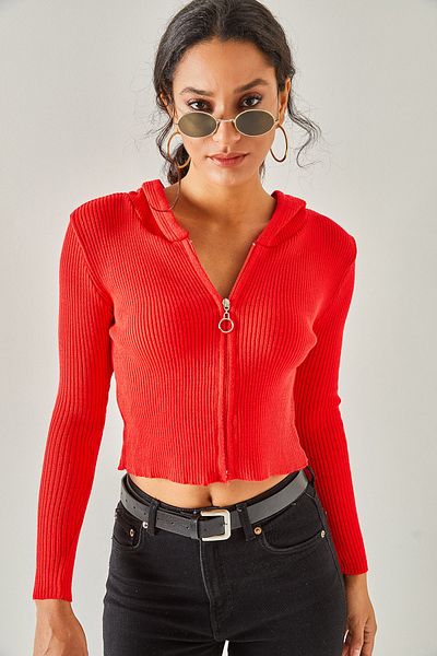 Olalook Women's Red Zippered Hooded Crop Knitwear Cardigan HRK-19000239