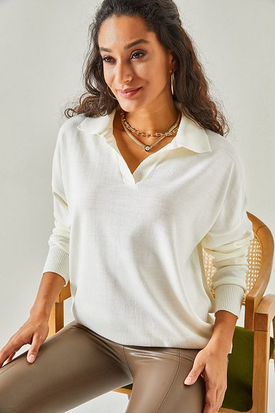 Olalook Women's Ecru Polo Collar Oversize Thin Knitwear Sweatshirt KZK-19000643