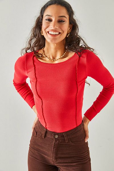 Olalook Damen-Bluse aus Lycra mit roten Nähten und detailliertem Schnitt, kurz geschnitten, BLZ-19002161