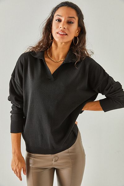 Olalook Pulover negru cu guler polo supradimensionat subțire pentru femei KZK-19000643