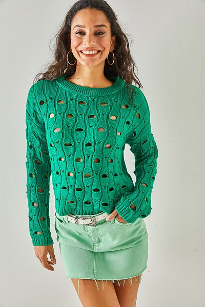 Olalook Women's Grass Green Large Hole Knitwear Sweater KZK-19000638