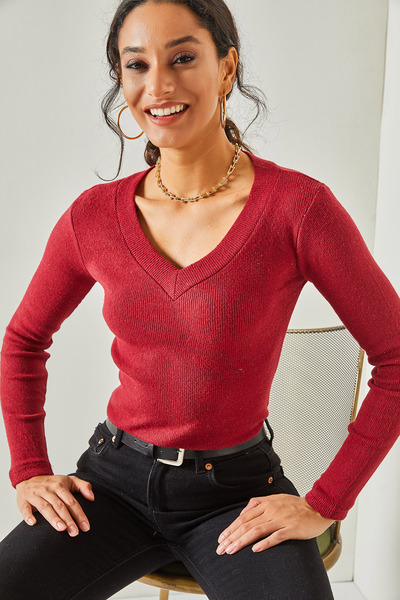 Olalook Kadın Bordo Kalın Bantlı V Yaka Şardonlu Bluz BLZ-19002387
