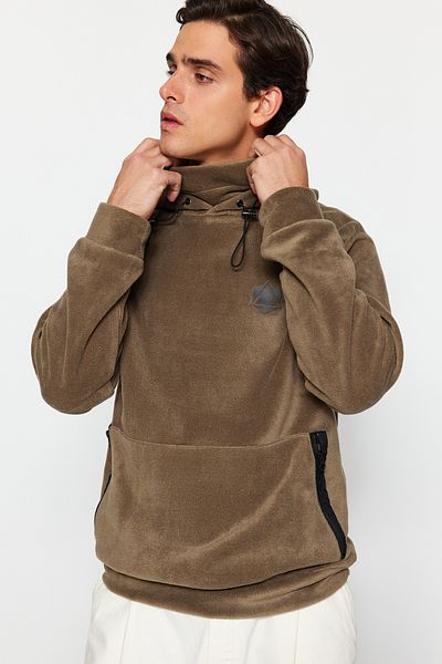 Trendyol Collection Limitovaná edice Khaki Regular/Normal Cut Potištěná fleecová mikina proti žmolkování Tmnaw24Sw00122