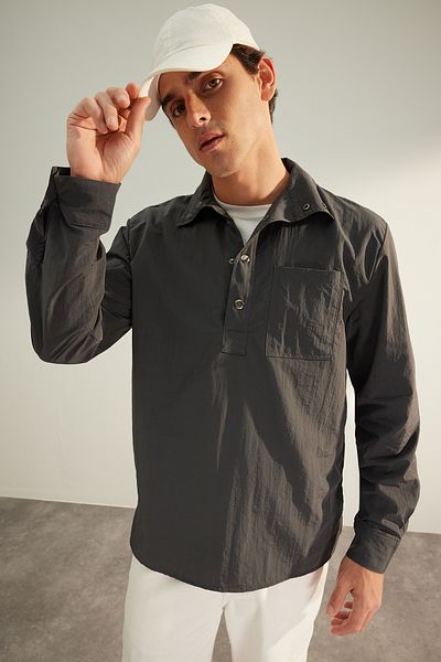 Trendyol Collection Anthracite Relaxed Fit Half Placket Shirt - Technic Tmnaw24Go00085