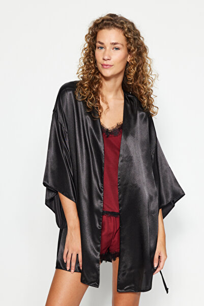 Trendyol Collection Black Belted Satin Woven Dressing Gown THMAW23SB00011