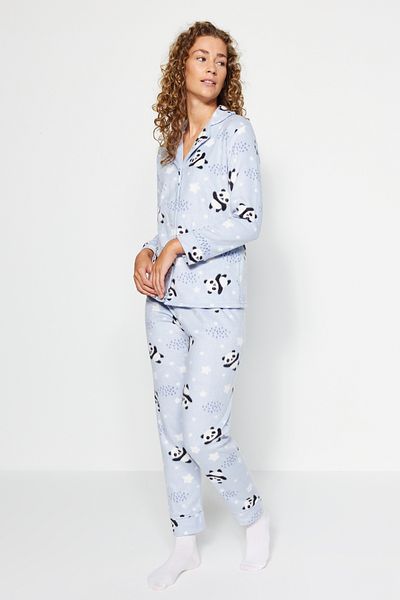 Trendyol Collection Winter-Pyjama-Set mit blauem Panda-Muster und Schlafstirnband – THMAW22PT0359
