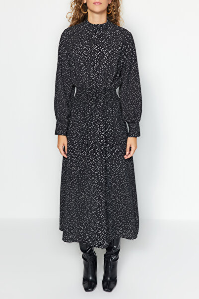 Trendyol Modest Black Polka Dot Waist Gipe Detailed Woven Dress TCTAW24EB00098
