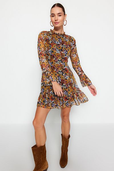 Trendyol Collection Tevegallér fodros részletes sifon bélésű szőtt ruha TCLAW19LJ0076