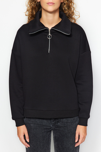 Trendyol Collection Černá mikina se stojáčkem na zip Tlustý uvnitř Fleece Regular Fit Pletená mikina TWOAW24SW00347