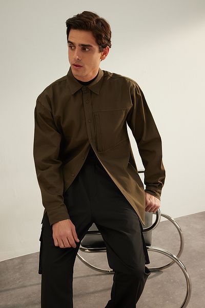 Trendyol Collection Преміум хакі 100 бавовна габардин Casual Fit Преміум куртка Gomlek TMNAW24GO00060