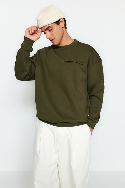 Trendyol Collection Khakifarbenes Fleece-Sweatshirt – Übergroßer Schnitt, Reißverschluss und hält warm TMNAW24sw00007