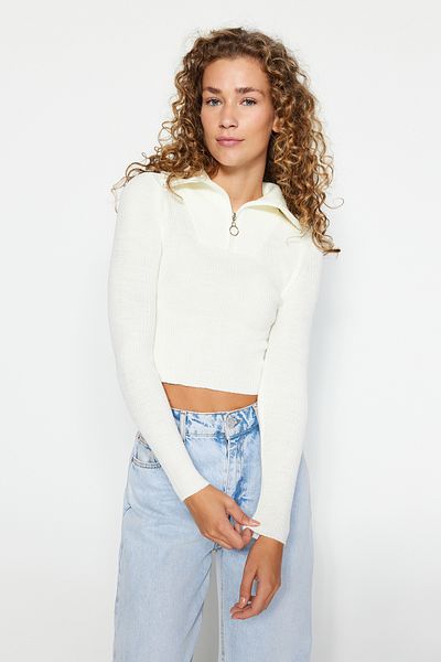 Trendyol Collection Ecru Crop Zipper Detailed Knitwear Sweater TWOAW24KZ01208