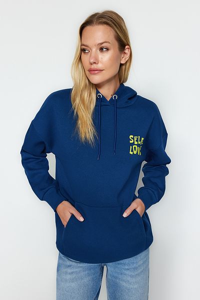 Trendyol Collection Indigo Zadní potisk Detailní Oversize/Wide Fit Silný fleece Uvnitř Pletená mikina TWOAW22SW0687